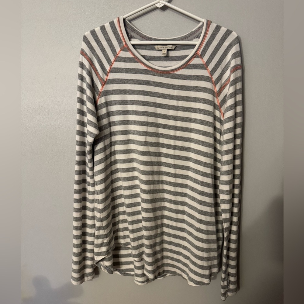 White and gray striped long sleeve with pink stitching
